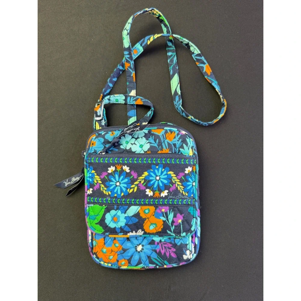 Vera Bradley Crossbody Bag Blue Floral Quilted Cotton Travel Phone Purse Small